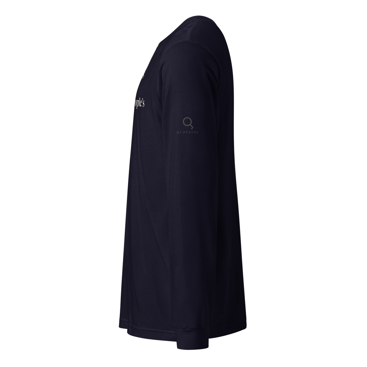 Navy long sleeve t-shirt, left side view: the Quoteiac logo on the sleeve.