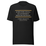Vintage black t-shirt, front: "If men were angels, no government would be necessary." James Madison.
