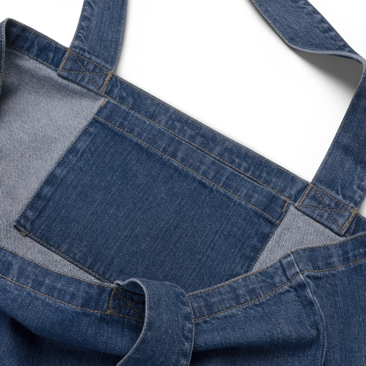 Indigo denim tote bag, detail: long denim handles, cross-stitched joins and the small inside pocket.
