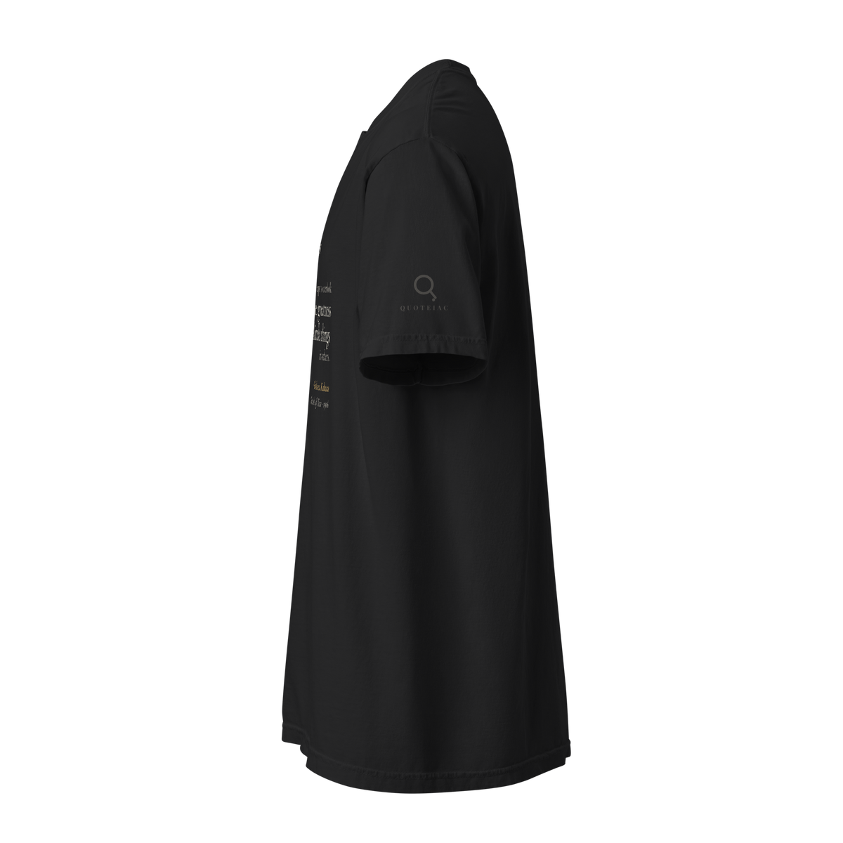 Black t-shirt, left side view: the Quoteiac logo on the sleeve.