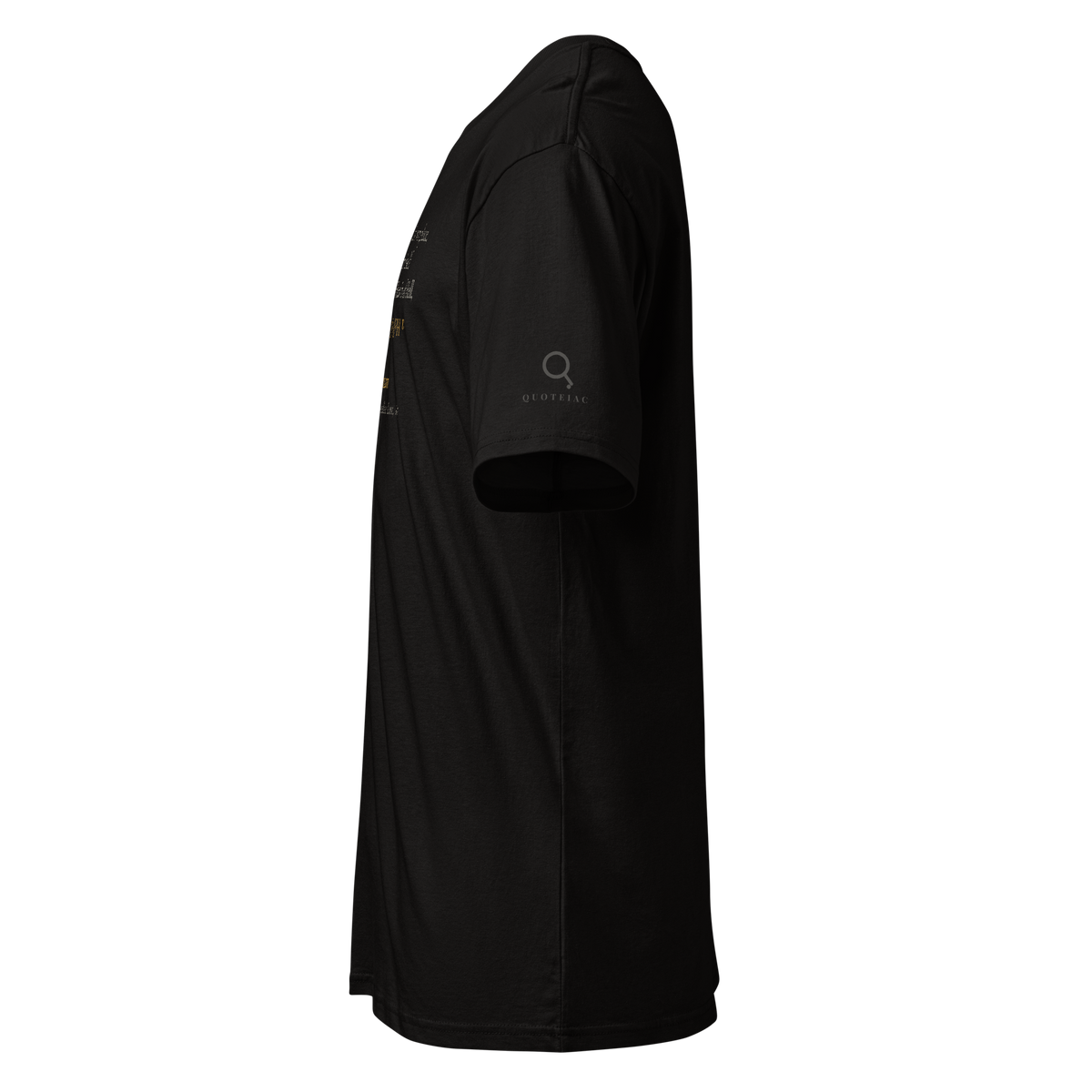 Black t-shirt, left side view: the Quoteiac logo on the sleeve.