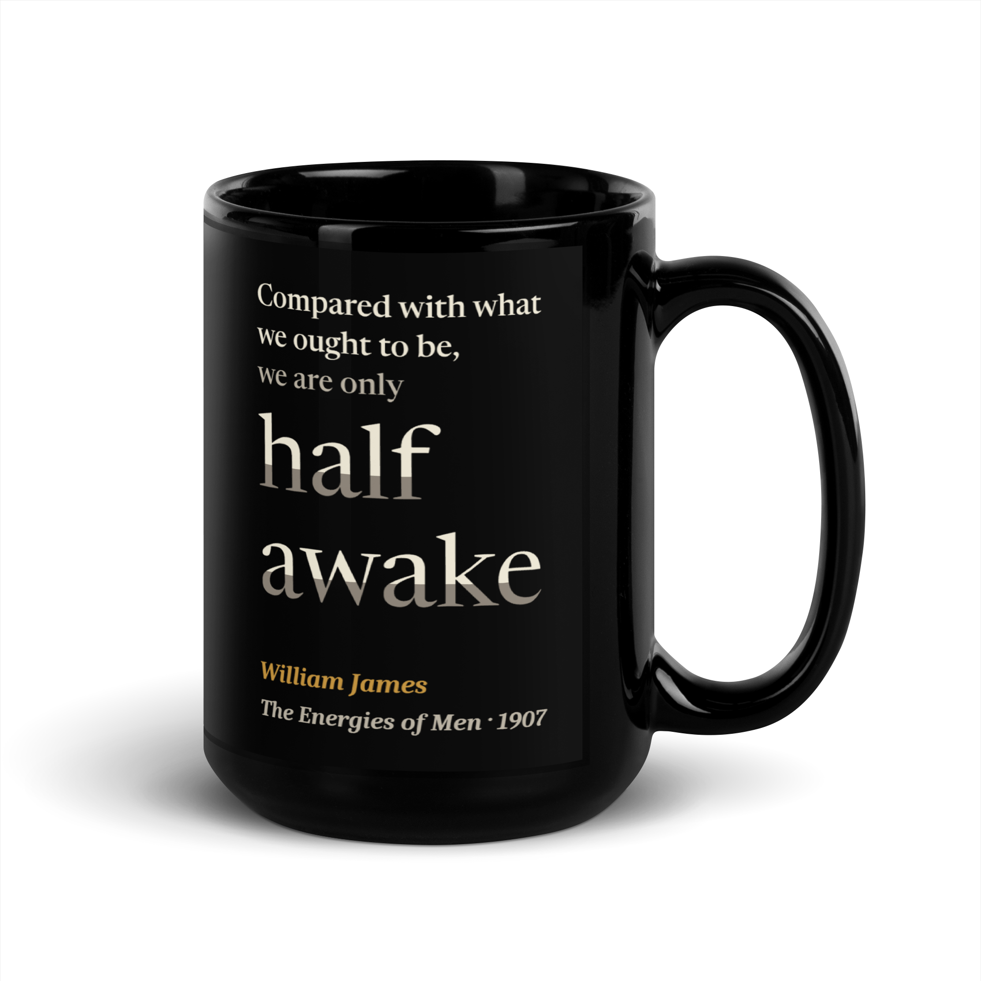 Only Half Awake — William James — 15 oz quote mug — black — right side — Quoteiac