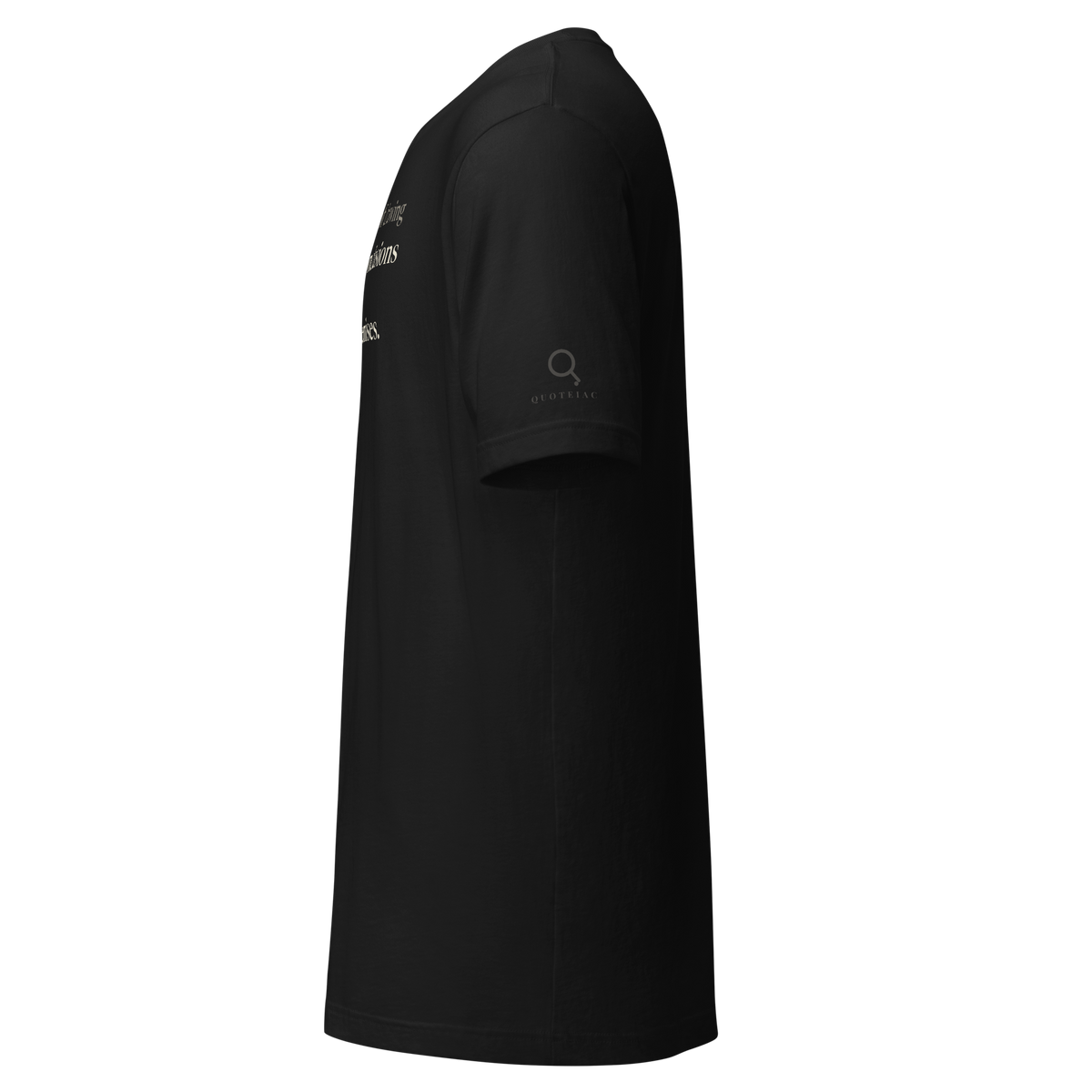 Black t-shirt, left side view: the Quoteiac logo on the sleeve.