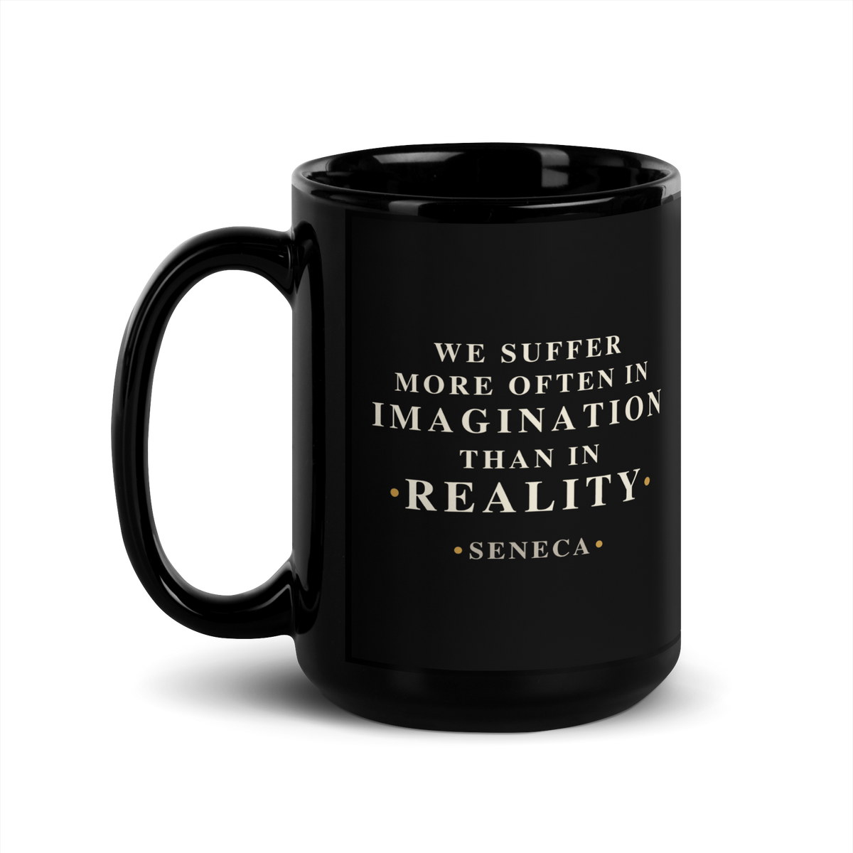Black mug, handle on the left, showing the same Seneca line from Letter XIII.
