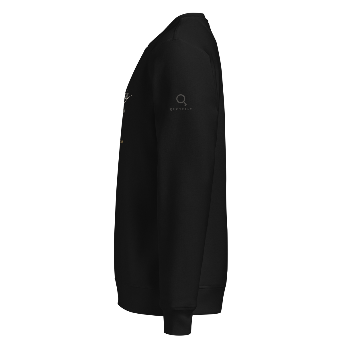 Black sweatshirt, left side view: the Quoteiac logo on the sleeve.