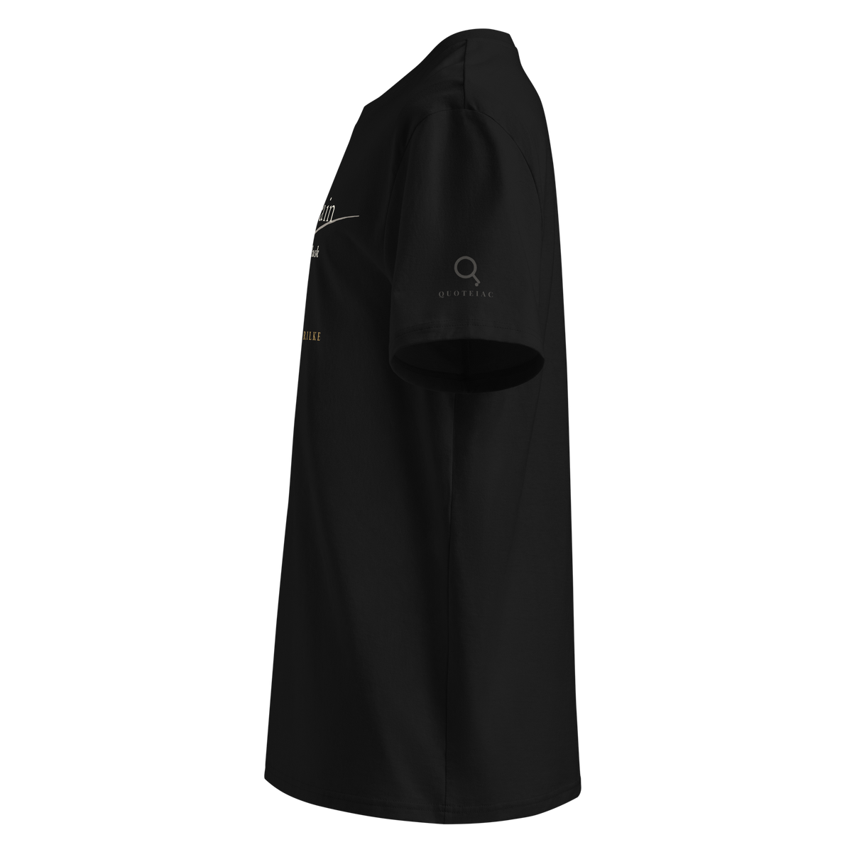 Black t-shirt, left side view: the Quoteiac logo on the sleeve.
