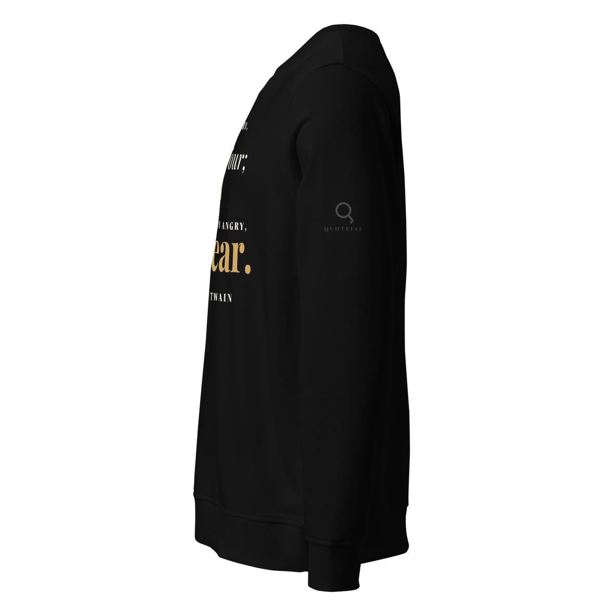 Black organic sweatshirt, left side view: the Quoteiac logo on the sleeve.