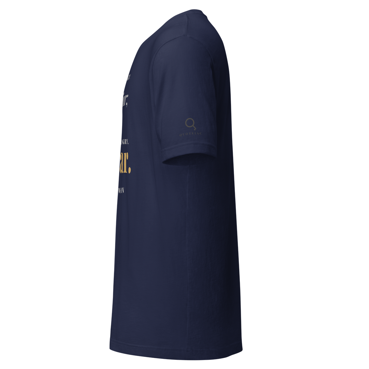 Navy t-shirt, left side view: the Quoteiac logo on the sleeve.