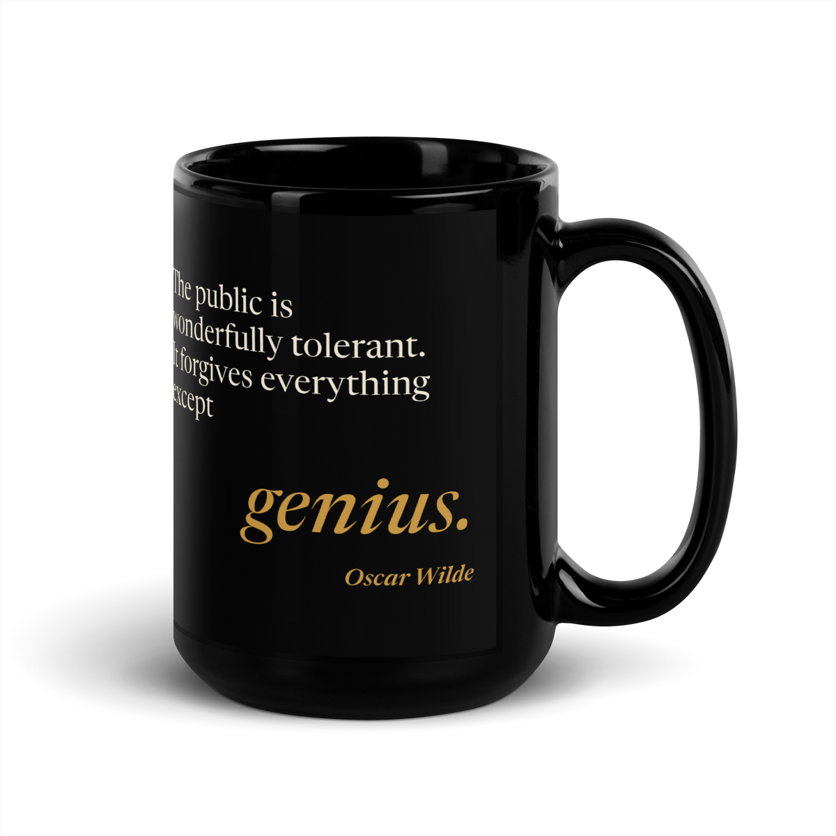 Black mug, handle on the right: the Wilde genius quote wrapping toward the handle.