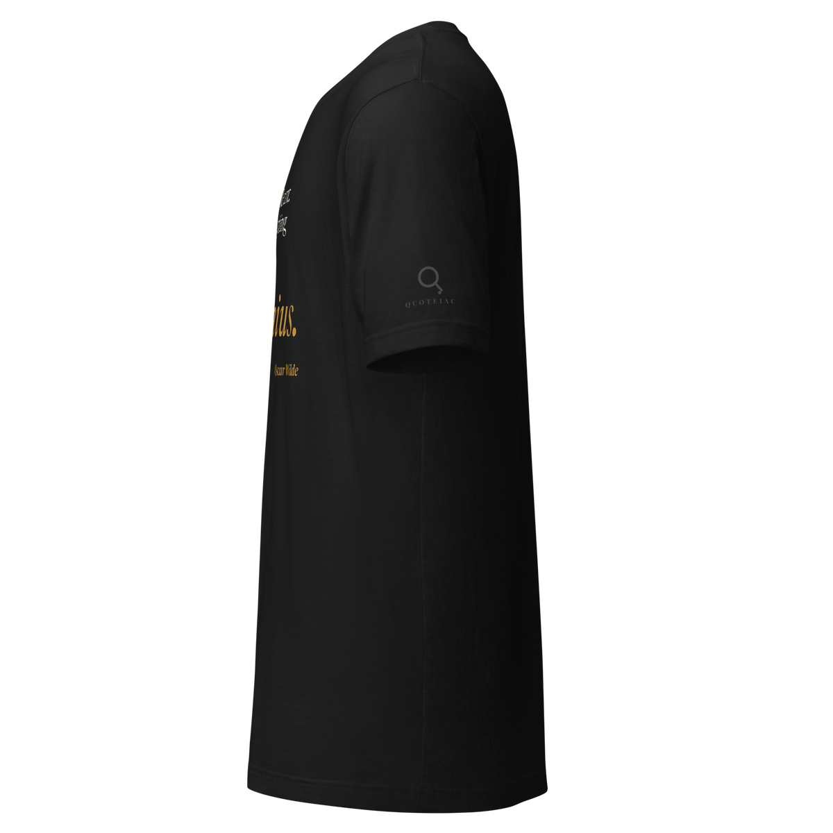 Black t-shirt, left side view: the Quoteiac logo on the sleeve.