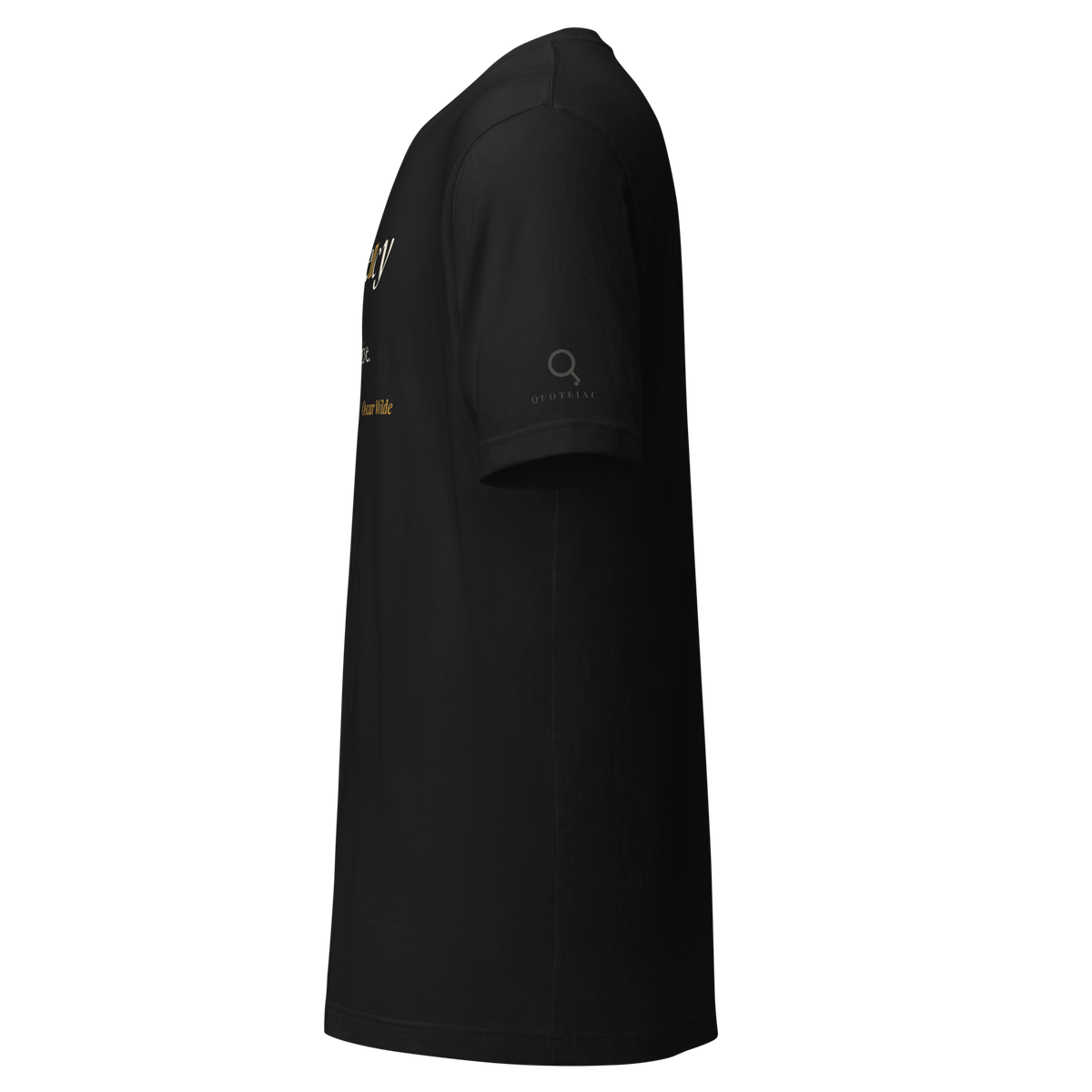 Black t-shirt, left side view: the Quoteiac logo on the sleeve.