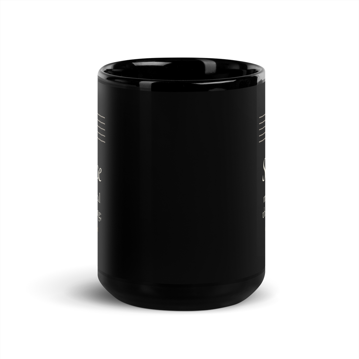 Black mug, front view: the design wraps to each side, with the staff and the line at the two edges.