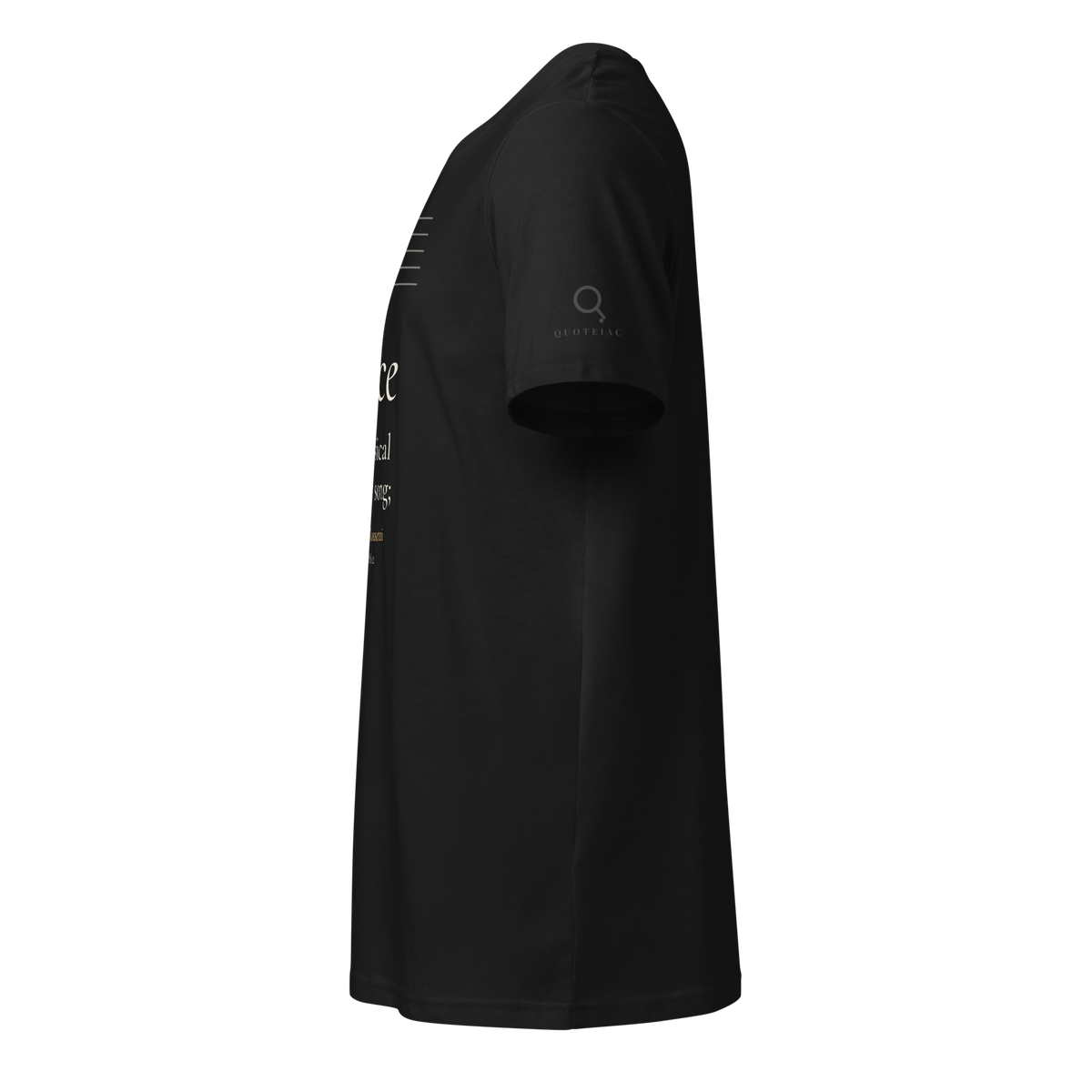 Black organic t-shirt, left side view: the Quoteiac logo on the sleeve.