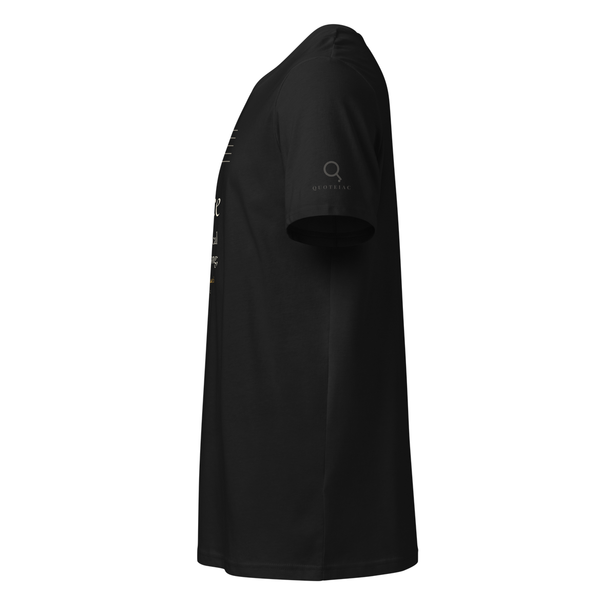 Black organic t-shirt, left side: small Quoteiac logo on the sleeve, Rossetti line on the front edge.