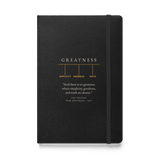 Black hardcover journal, front: GREATNESS held up by SIMPLICITY, GOODNESS and TRUTH, then Tolstoy’s line.