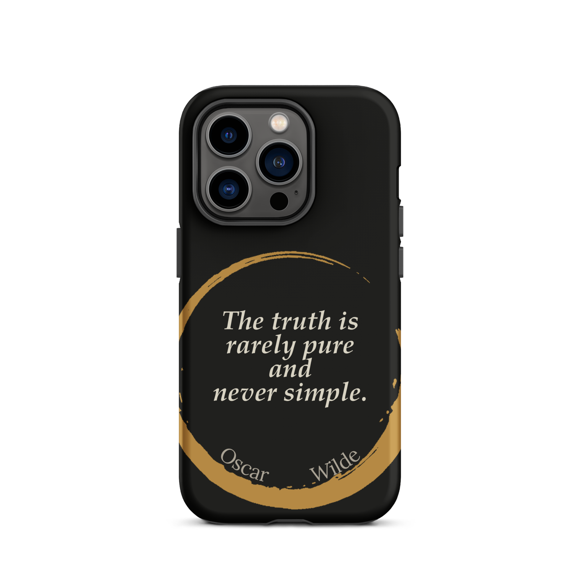 The Truth Wilde Phone Case — Oscar Wilde quote phone case, 'The truth is rarely pure and never simple.' Matte black, enso circle design