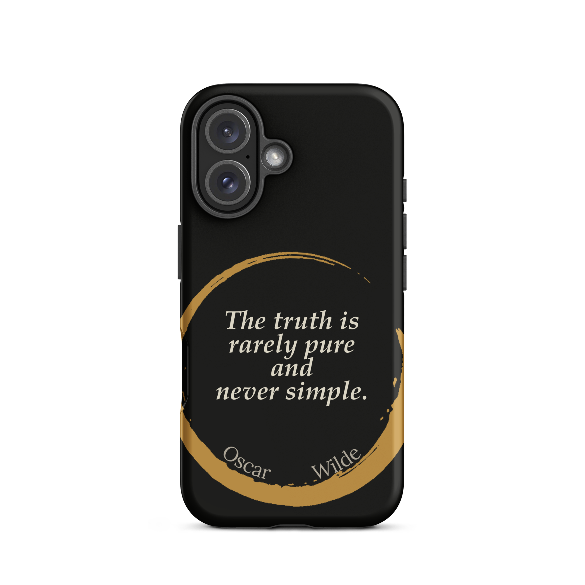 The Truth Wilde Phone Case — Oscar Wilde quote phone case, 'The truth is rarely pure and never simple.' Matte black, enso circle design
