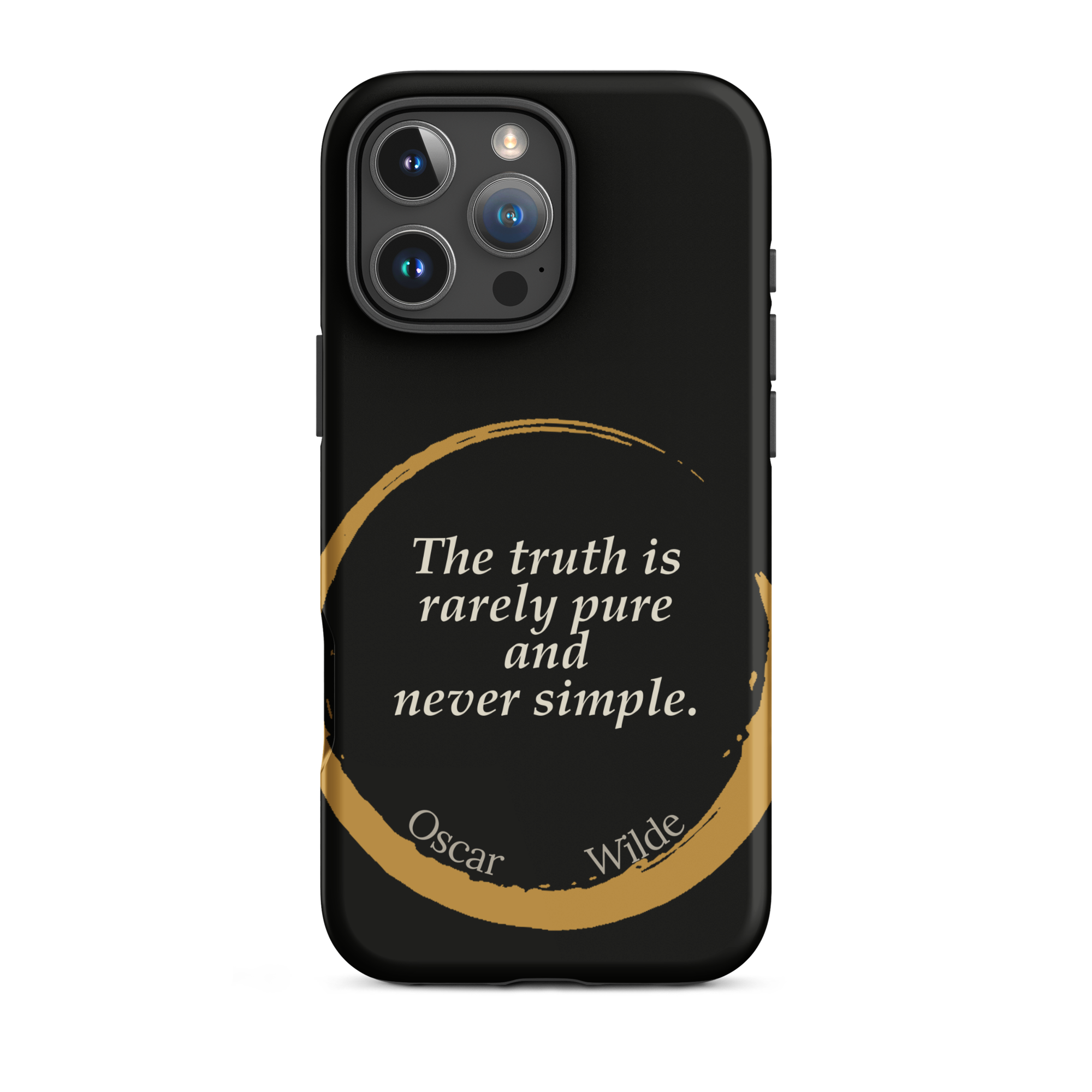 The Truth Wilde Phone Case — Oscar Wilde quote phone case, 'The truth is rarely pure and never simple.' Matte black, enso circle design