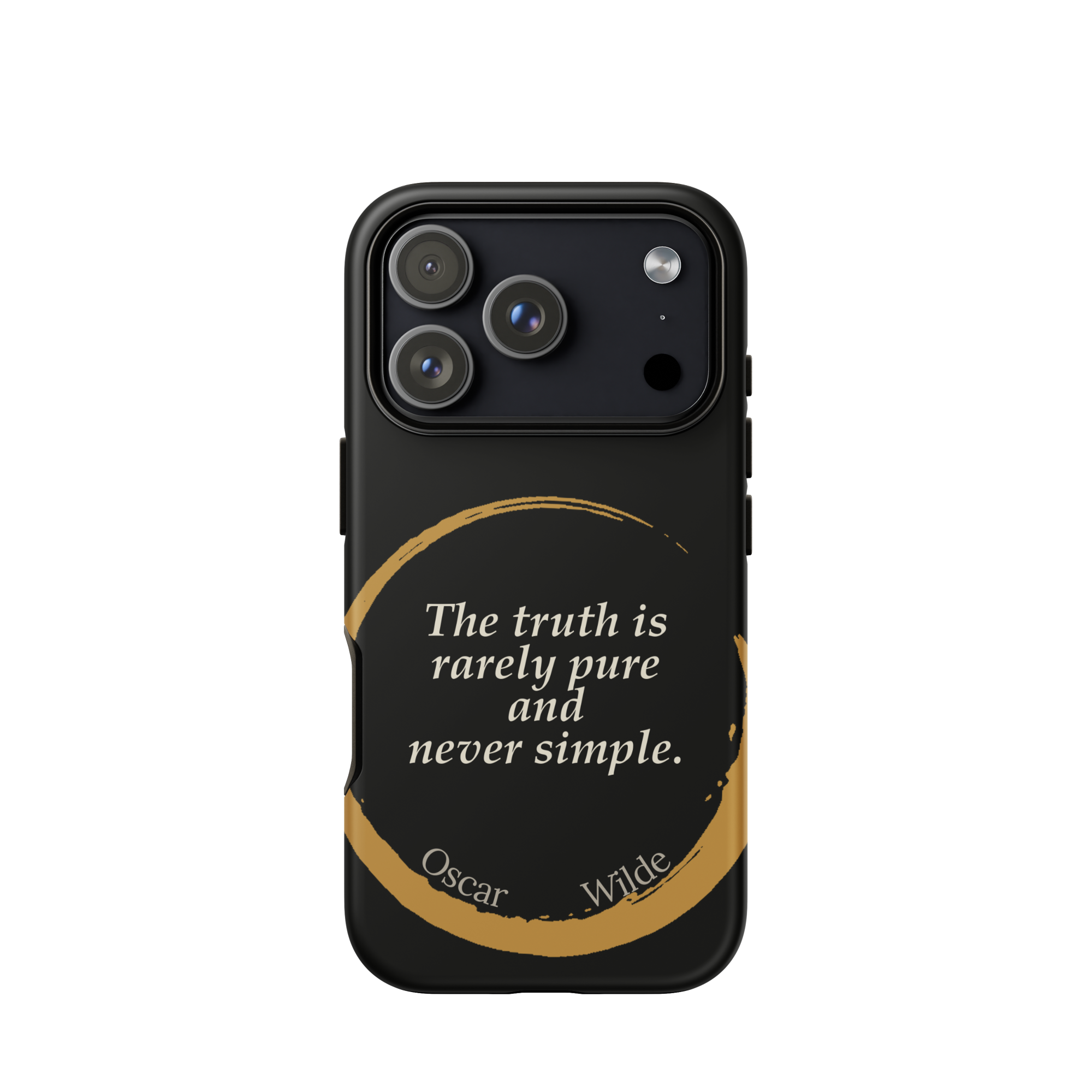 The Truth Wilde Phone Case — Oscar Wilde quote phone case, 'The truth is rarely pure and never simple.' Matte black, enso circle design