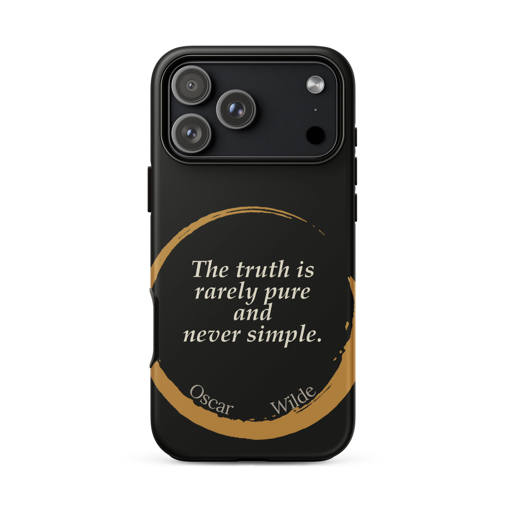 The Truth Wilde Phone Case — Oscar Wilde quote phone case, 'The truth is rarely pure and never simple.' Matte black, enso circle design