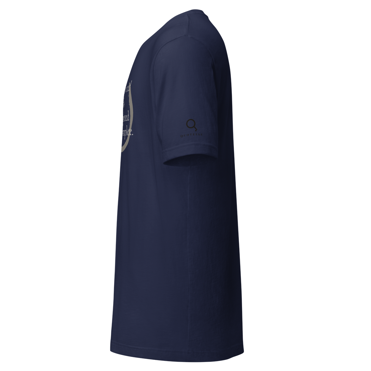 Navy t-shirt, left side view: the Quoteiac logo on the sleeve.