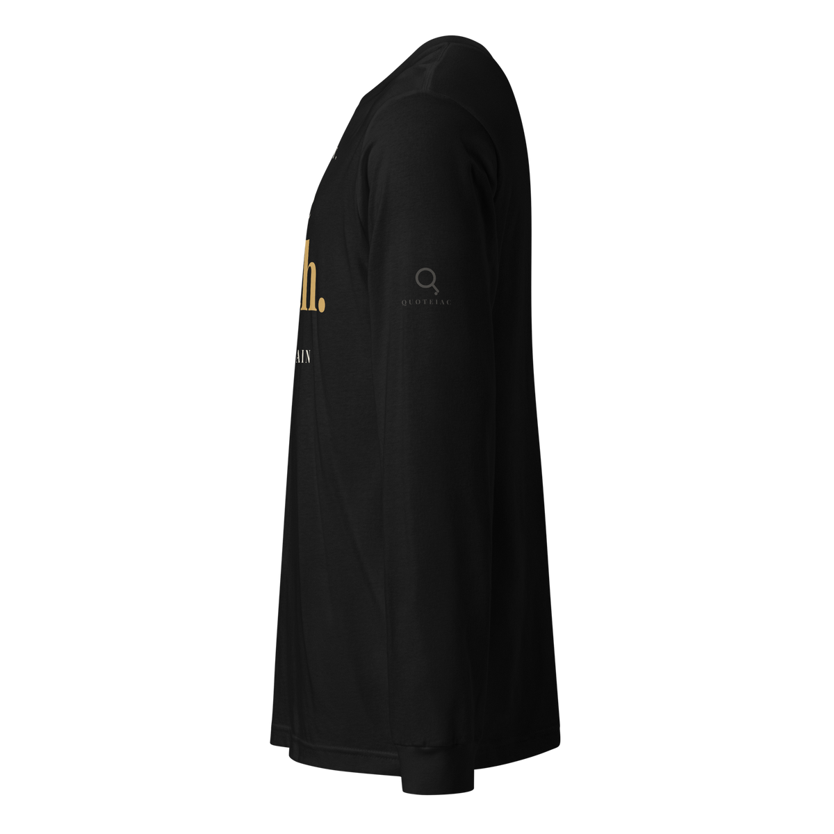 Black long sleeve t-shirt, left side view: the Quoteiac logo on the sleeve.