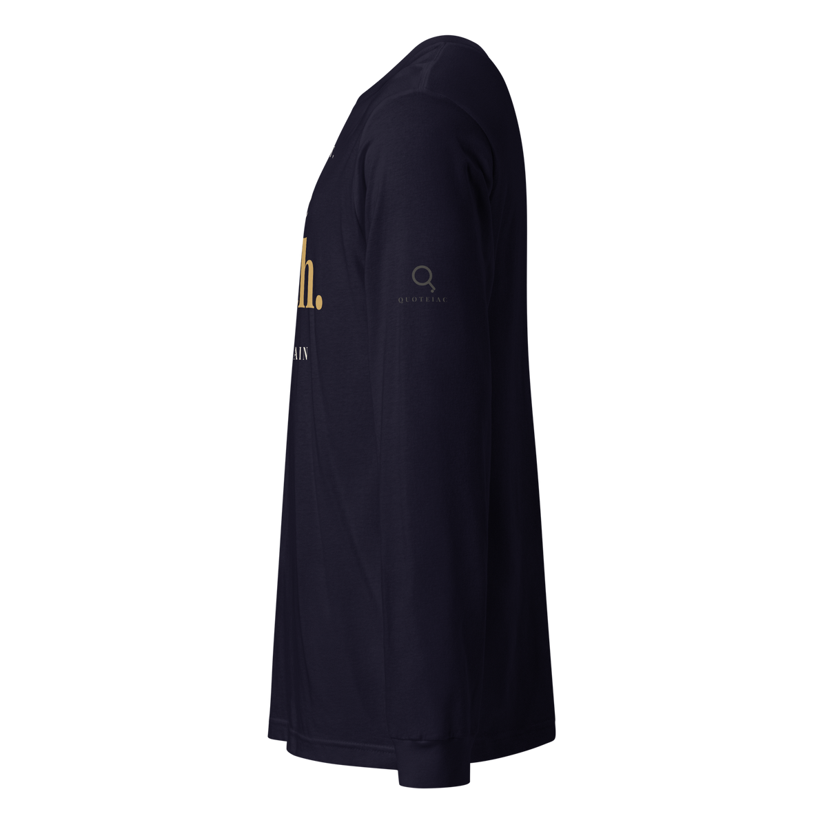 Navy long sleeve t-shirt, left side view: the Quoteiac logo on the sleeve.