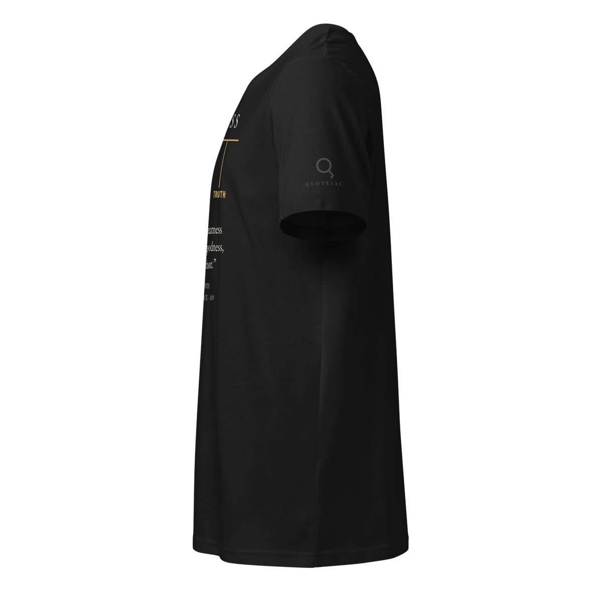 Black organic cotton tee, side view: Quoteiac logo on the left sleeve.