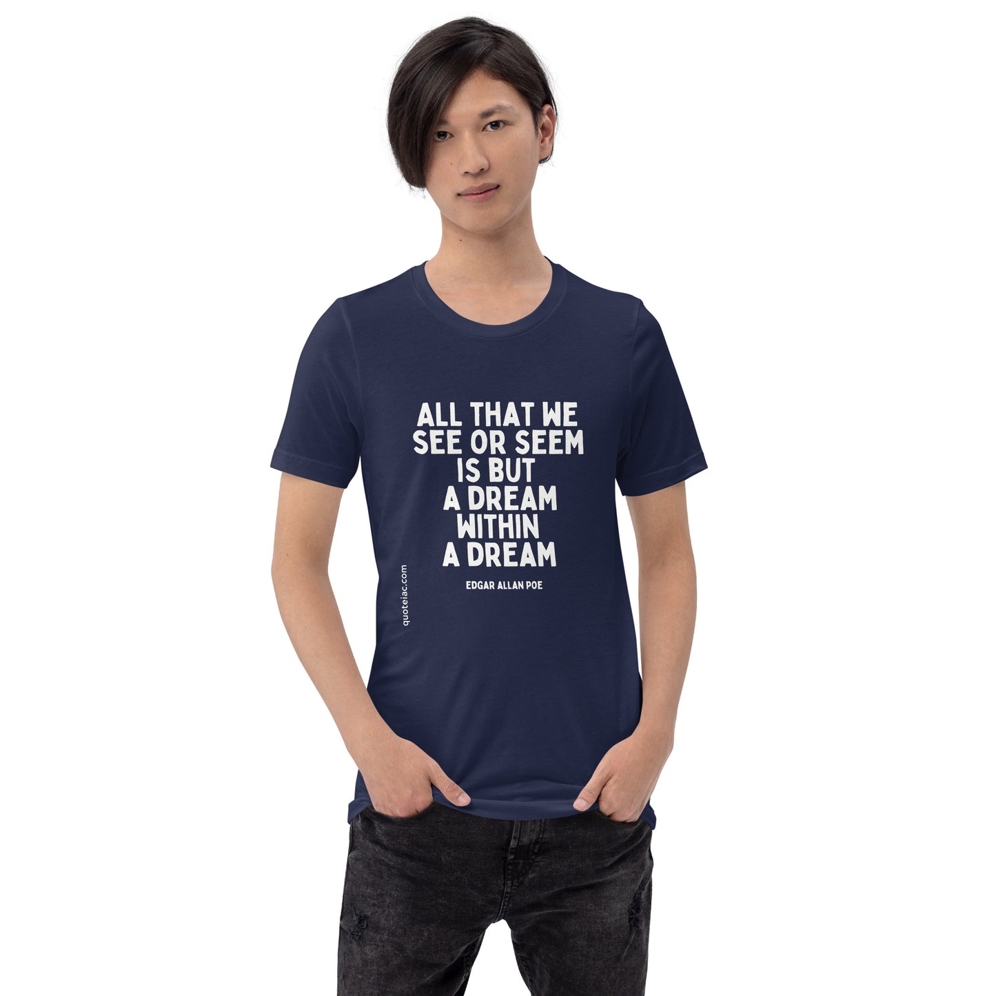 navy blue tshirt with white quote