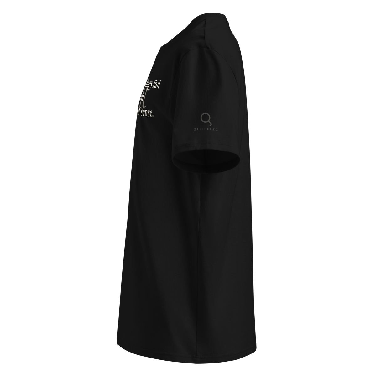 Black organic t-shirt, left side view: the Quoteiac logo on the sleeve.