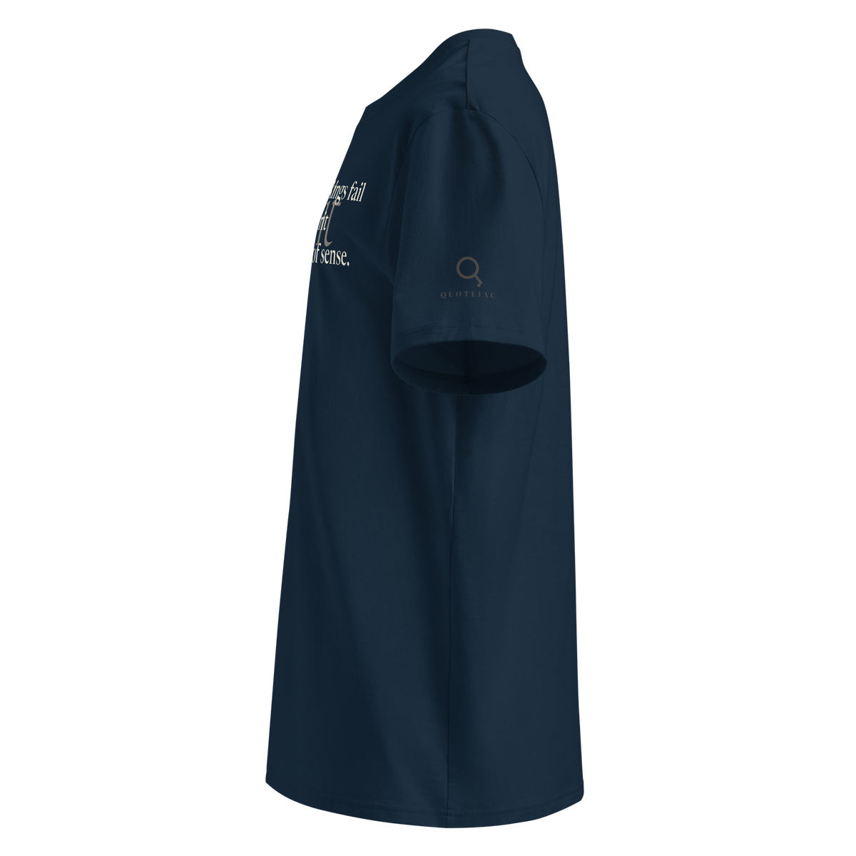 Navy organic t-shirt, left side view: the Quoteiac logo on the sleeve.