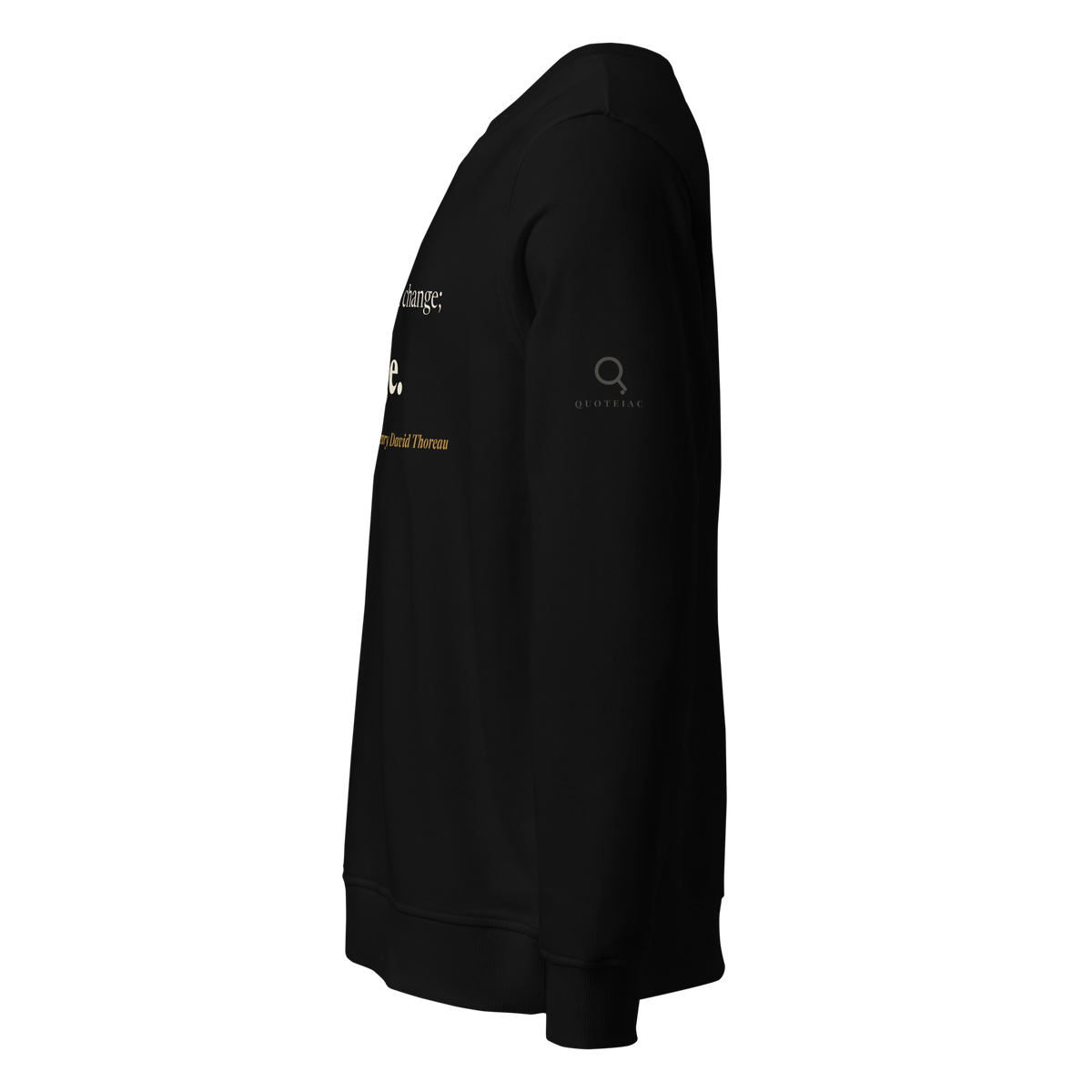 Black organic sweatshirt, left side view: the Quoteiac logo on the sleeve.