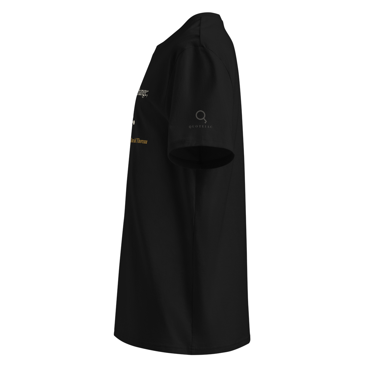 Black organic t-shirt, left side view: the Quoteiac logo on the sleeve.
