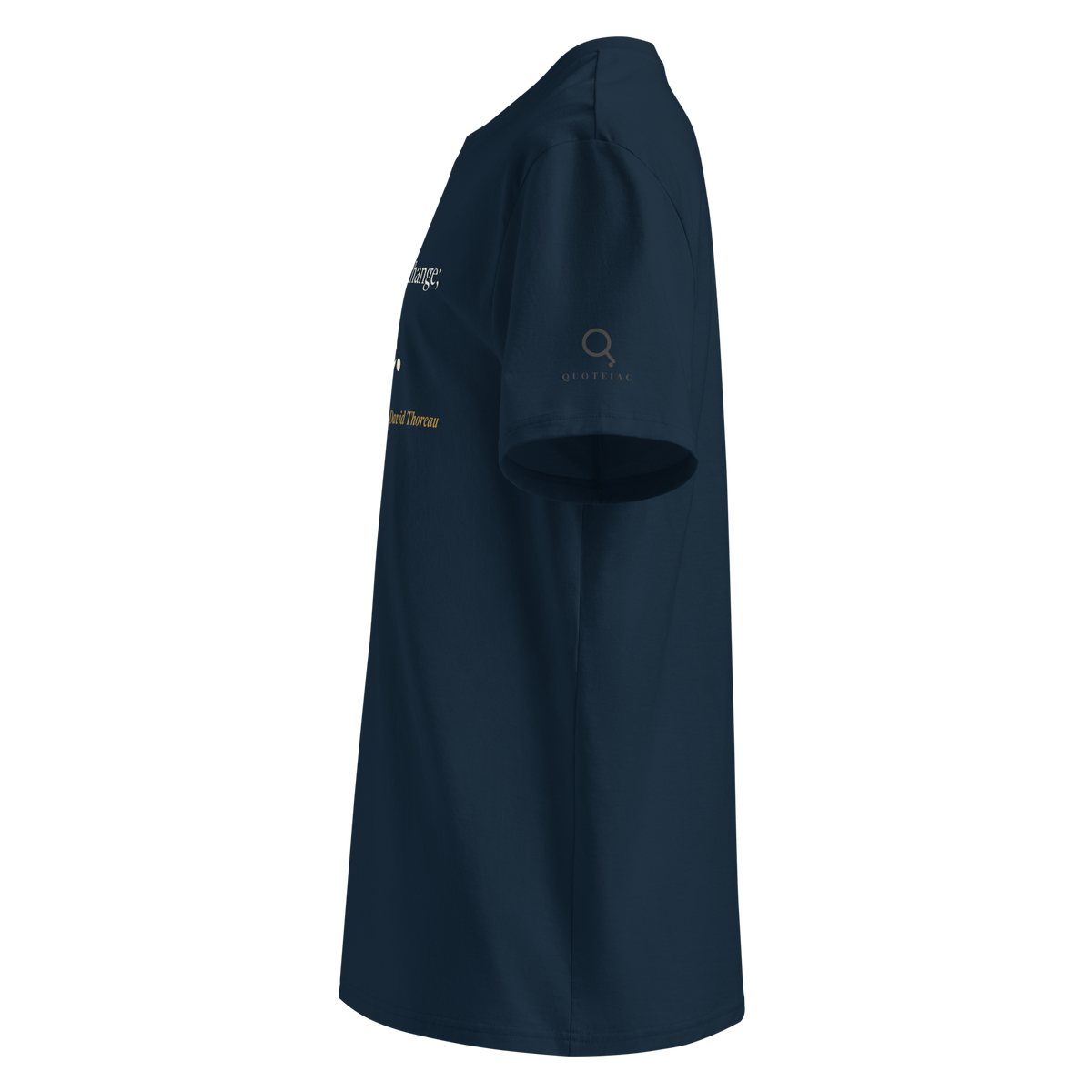 Navy organic t-shirt, left side view: the Quoteiac logo on the sleeve.