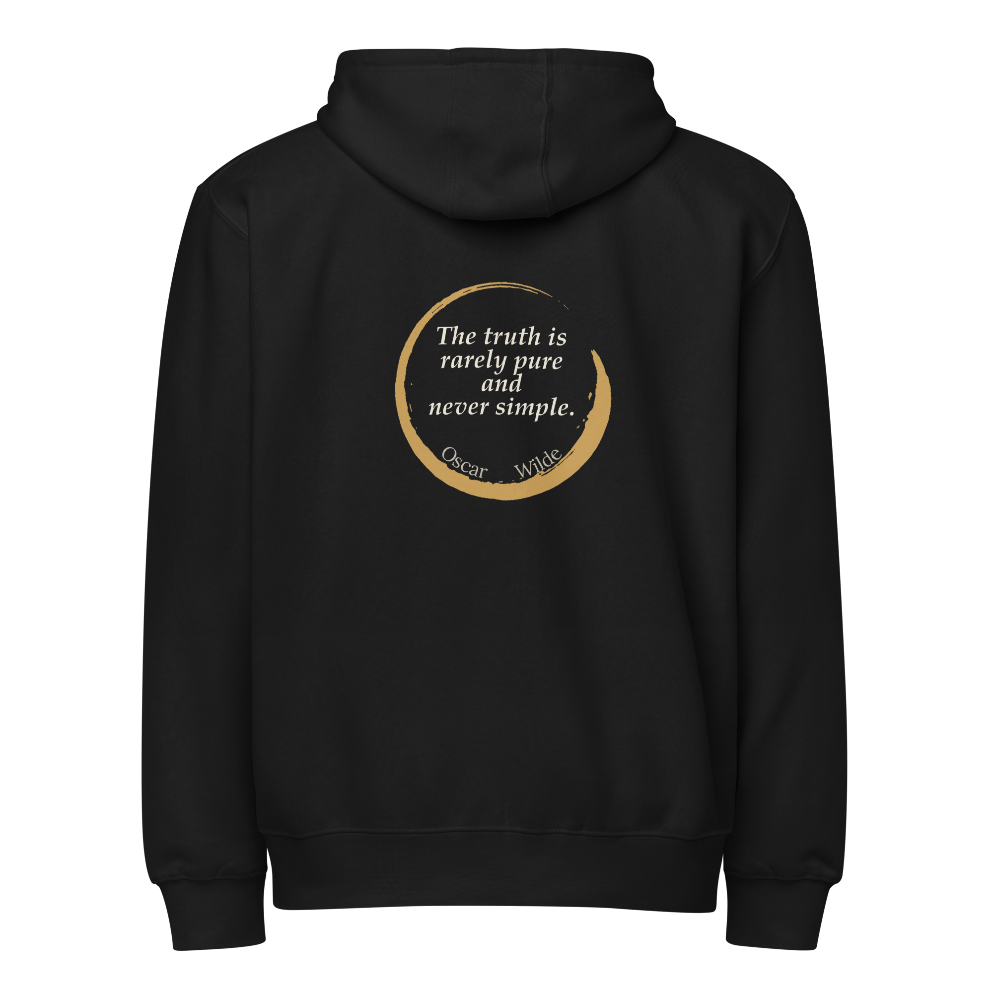 Black full zip hoodie, back view: "The truth is rarely pure and never simple" inside an open amber enso, Oscar Wilde