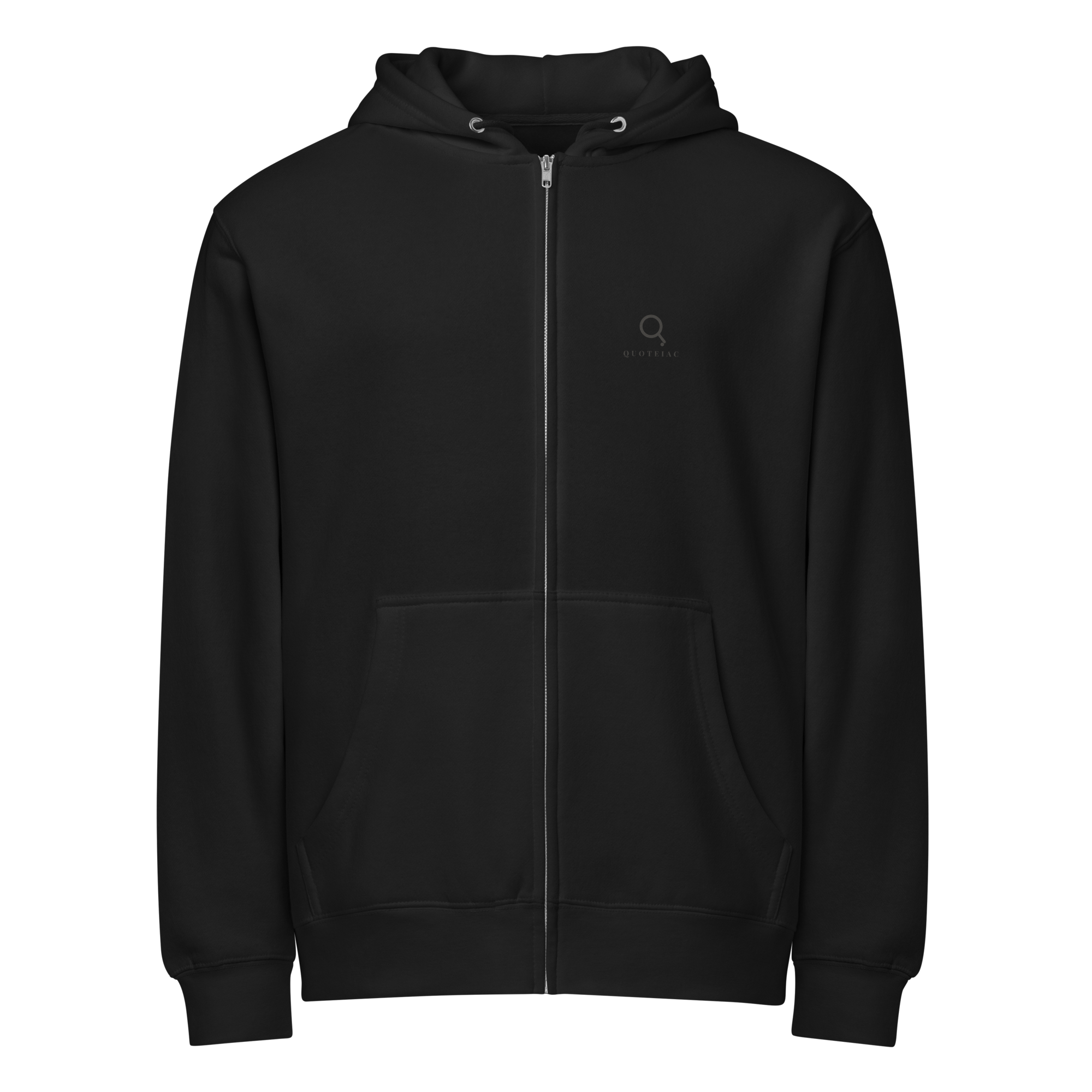 Front of black full zip hoodie with a tone-on-tone Quoteiac logo at the left chest