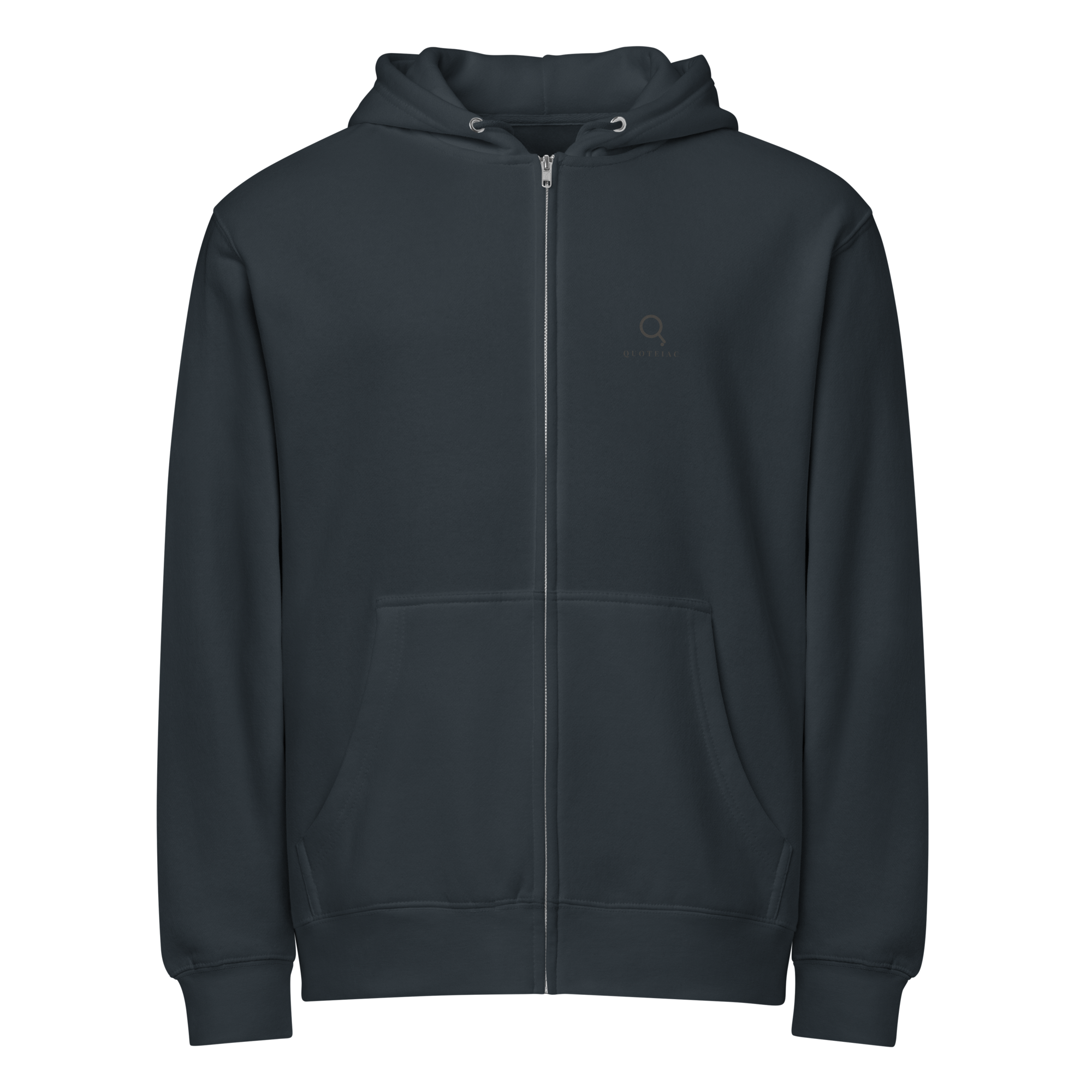 Front of navy full zip hoodie with a tone-on-tone Quoteiac logo at the left chest