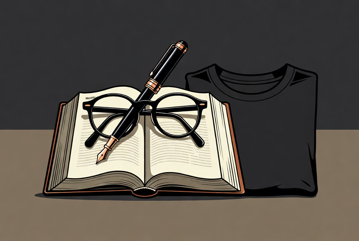 Open book with t-shirt, glasses and fountain pen. 