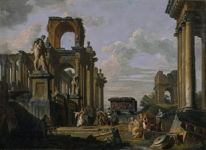 Giovanni Paolo Panini, Architectural Capriccio of the Roman Forum with Philosophers and Soldiers, c. 1735. The ruins where Stoic philosophy was actually lived.