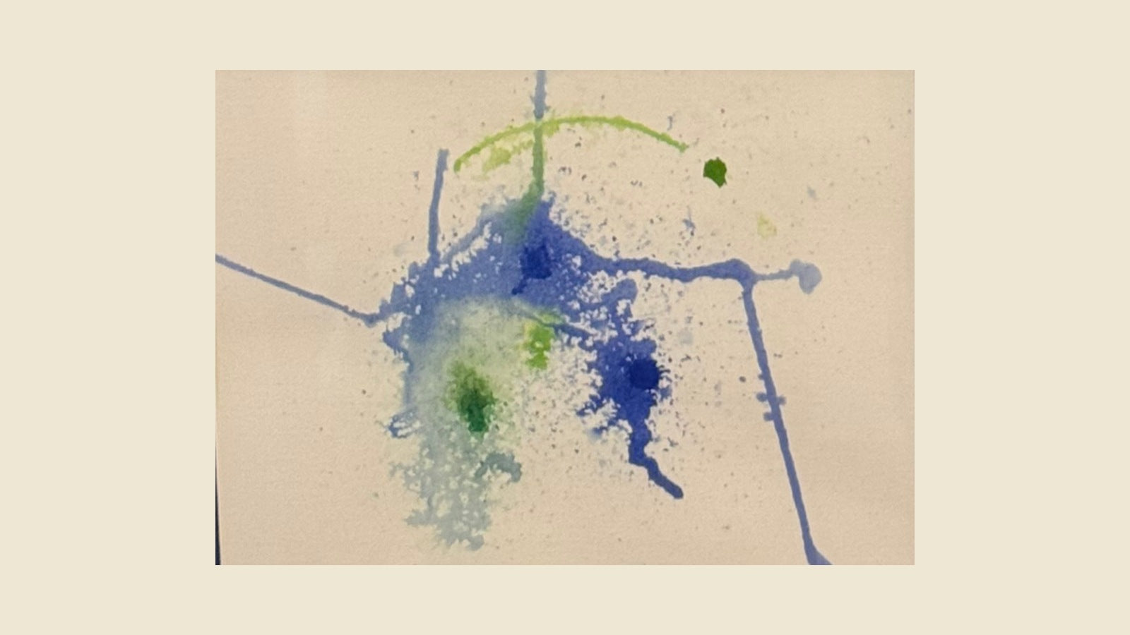 Abstract alcohol ink painting in blue and green on cream paper — an original work evoking the soak-stain technique pioneered by Helen Frankenthaler