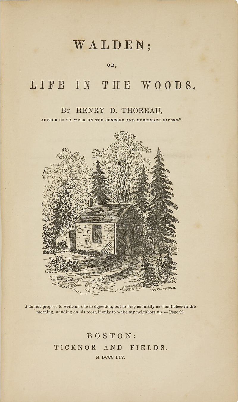 Title page of Walden; or, Life in the Woods by Henry D. Thoreau. First edition, Ticknor and Fields, Boston, 1854. Wood engraving by Sophia Thoreau.