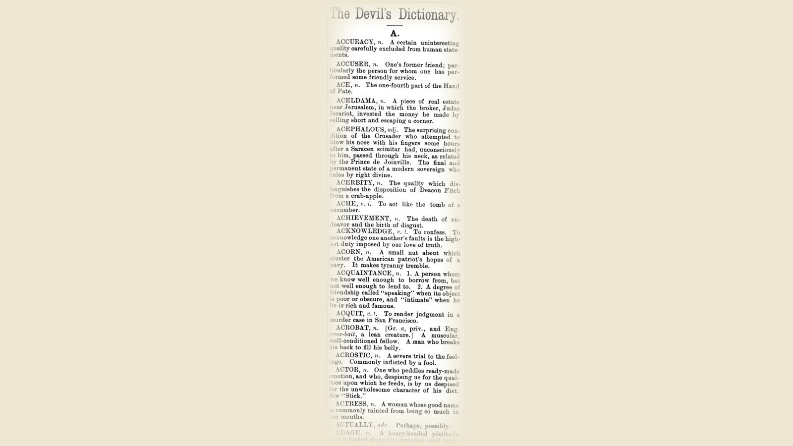 The Devil's Dictionary — first column in The Wasp, March 5, 1881, the debut of Ambrose Bierce's satirical lexicon. Public domain.