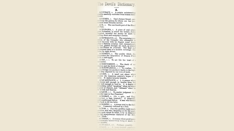 The Devil's Dictionary — first column in The Wasp, March 5, 1881, the debut of Ambrose Bierce's satirical lexicon. Public domain.