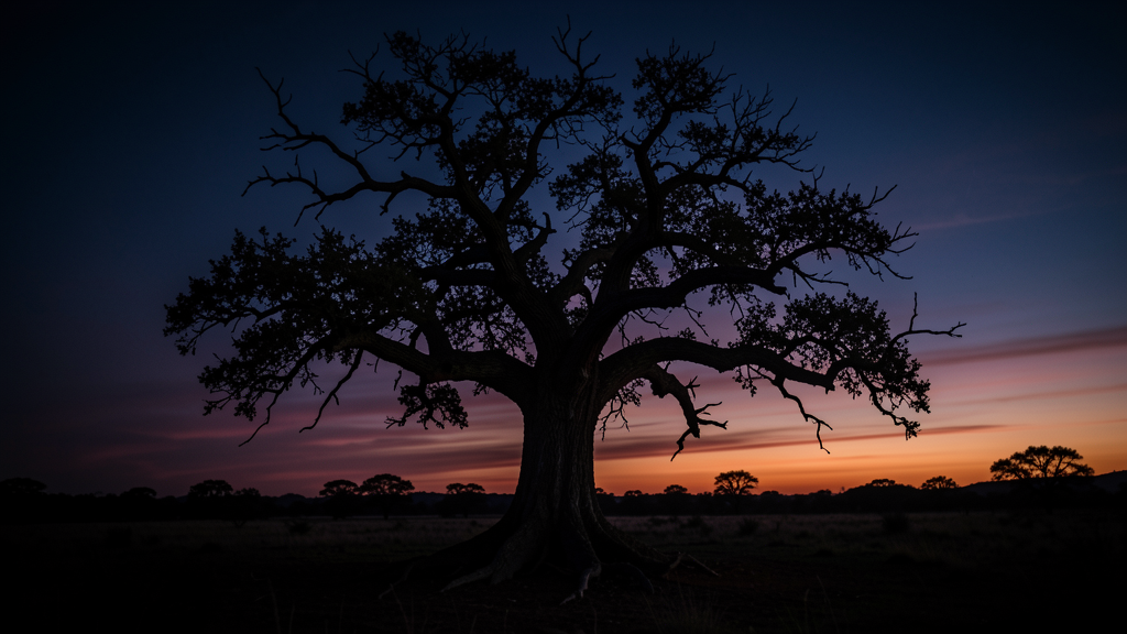 Ancient tree silhouetted against a dramatic dusk sky — hero image for William Blake Auguries of Innocence article