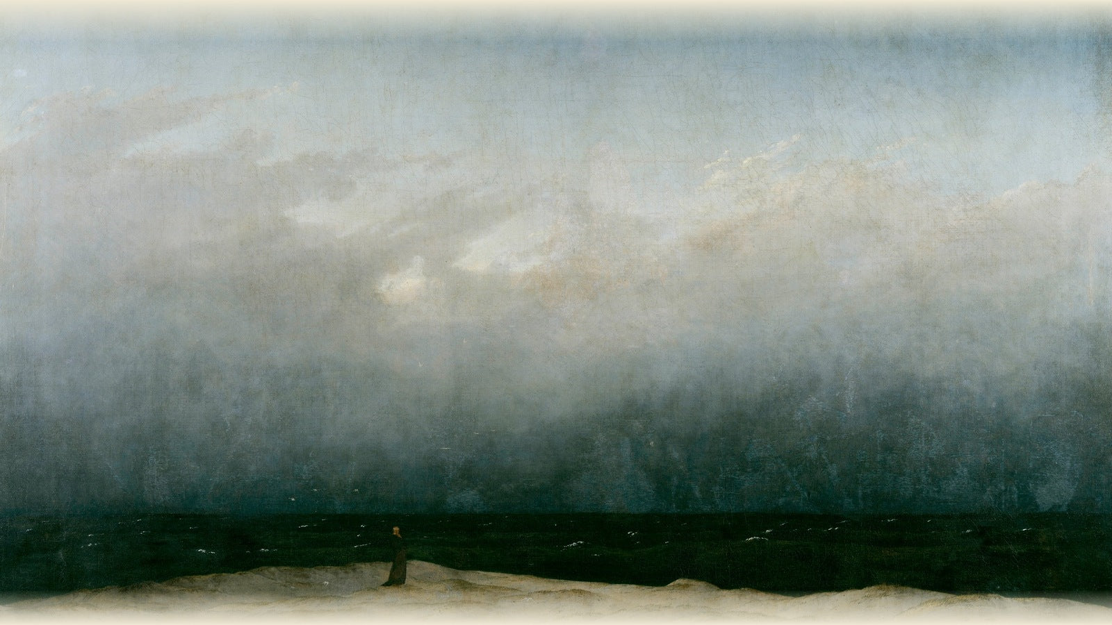 Caspar David Friedrich, Monk by the Sea, c. 1808–1810 — Alte Nationalgalerie, Berlin. A solitary figure at the edge of the water, the horizon dissolving into sky. Public domain.