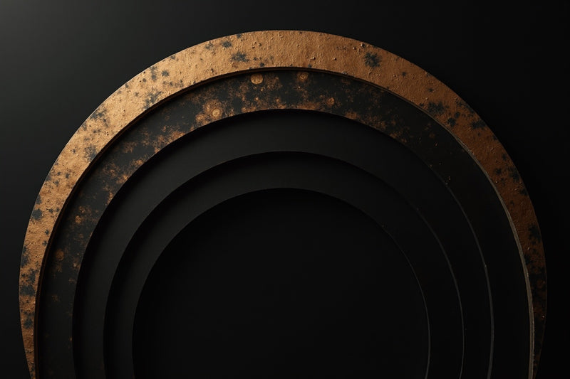 Concentric brass arcs expanding outward on deep charcoal — evoking the widening circles of Rilke's Book of Hours, 1905