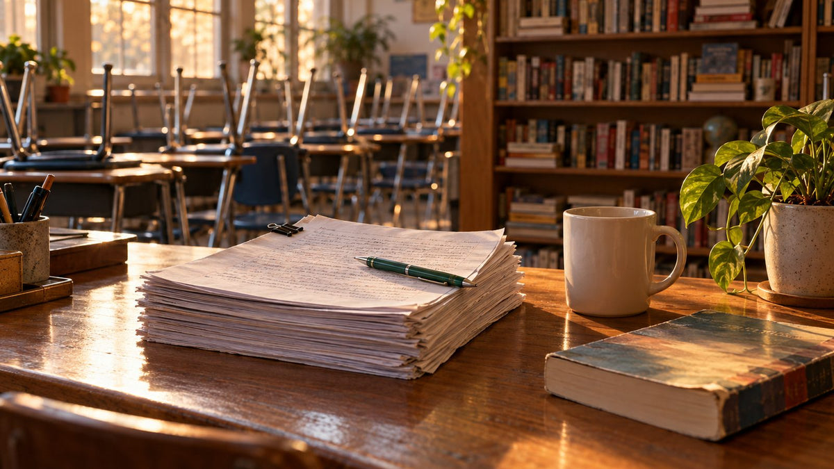 Teacher's desk after the last bell with a stack of essays, a green pen and a worn paperback