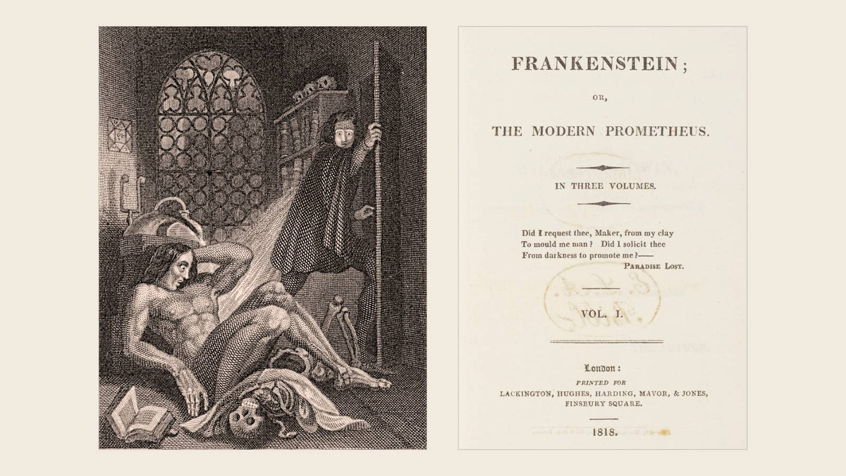 Theodor von Holst’s 1831 Frankenstein frontispiece beside the title page of the 1818 first edition