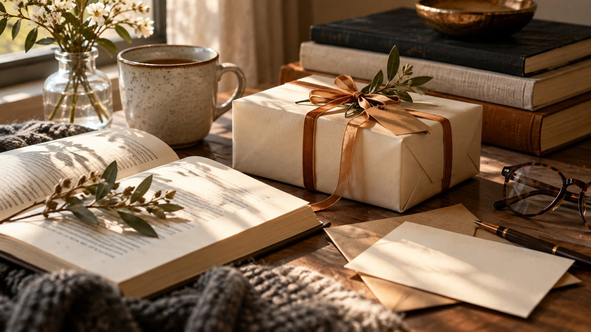 Wrapped gift with a copper ribbon on a wooden desk beside an open book, a mug, glasses and a blank card