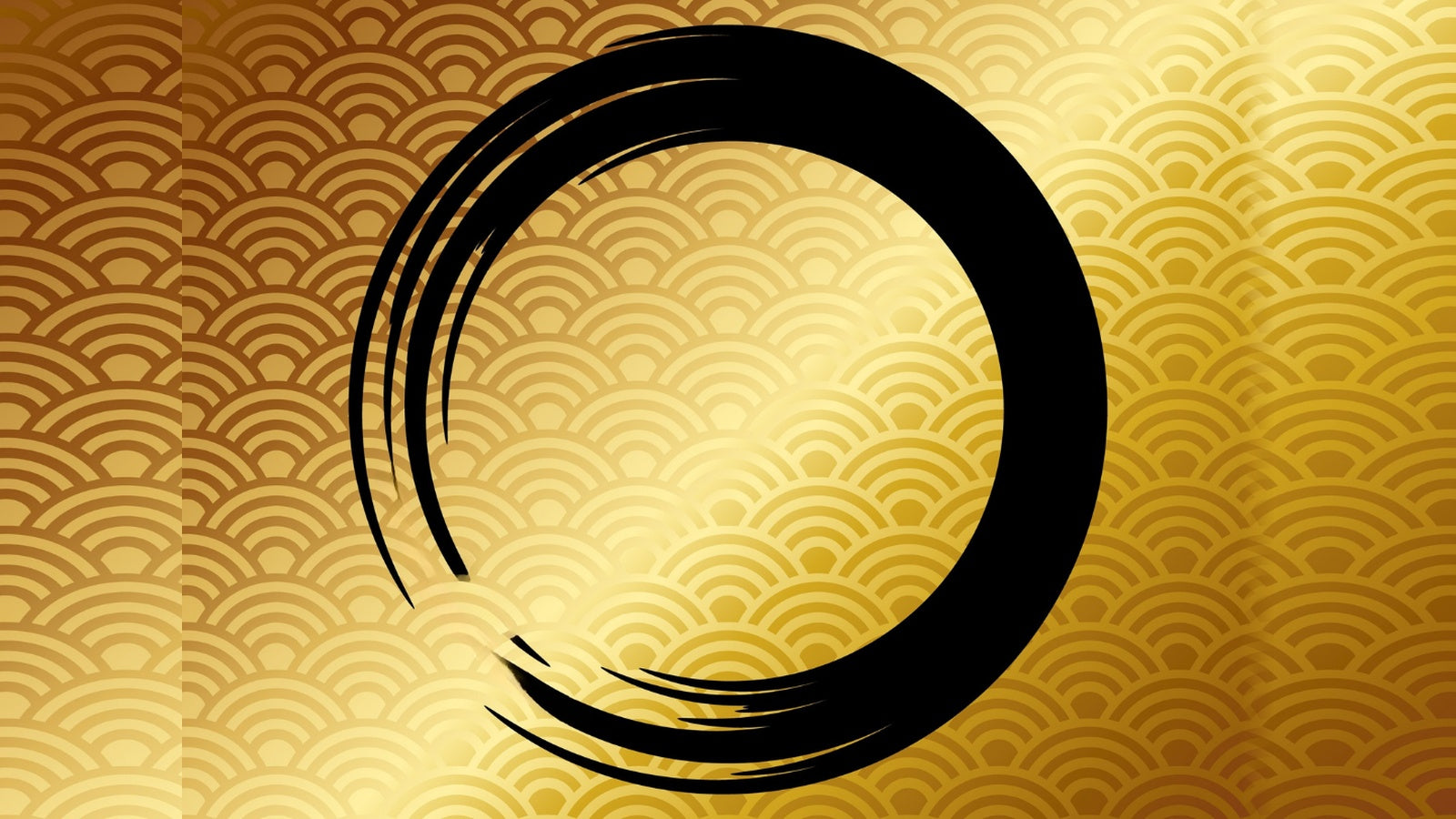 Enso circle in black brushstroke ink over a gold Japanese seigaiha wave pattern — a Zen motif in which the mark reveals the hand that made it